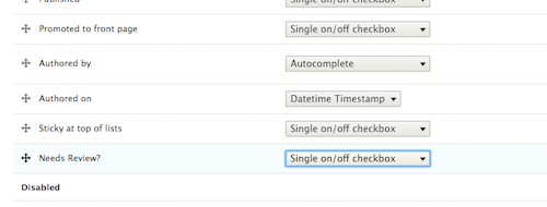 a screenshot of a "Needs Review?" field in the Drupal field UI