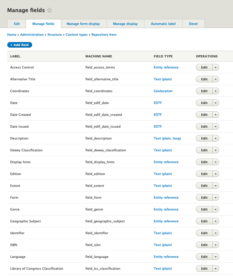 Screenshot of the "Manage fields" page for the "Repository Item" Content Type from islandora_defaults.