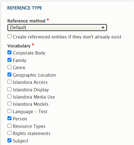 Screenshot of the reference type settings for an entity reference field, showing which vocabularies the autocomplete utility should query when editors are entering data.