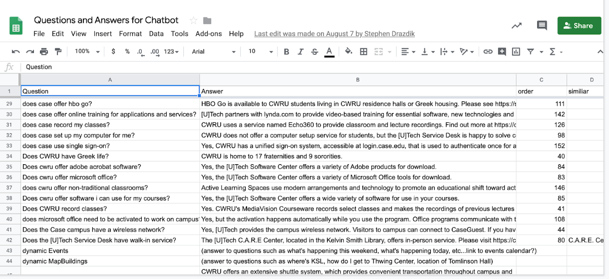 Screenshot of google form with questions and answers for chatbot