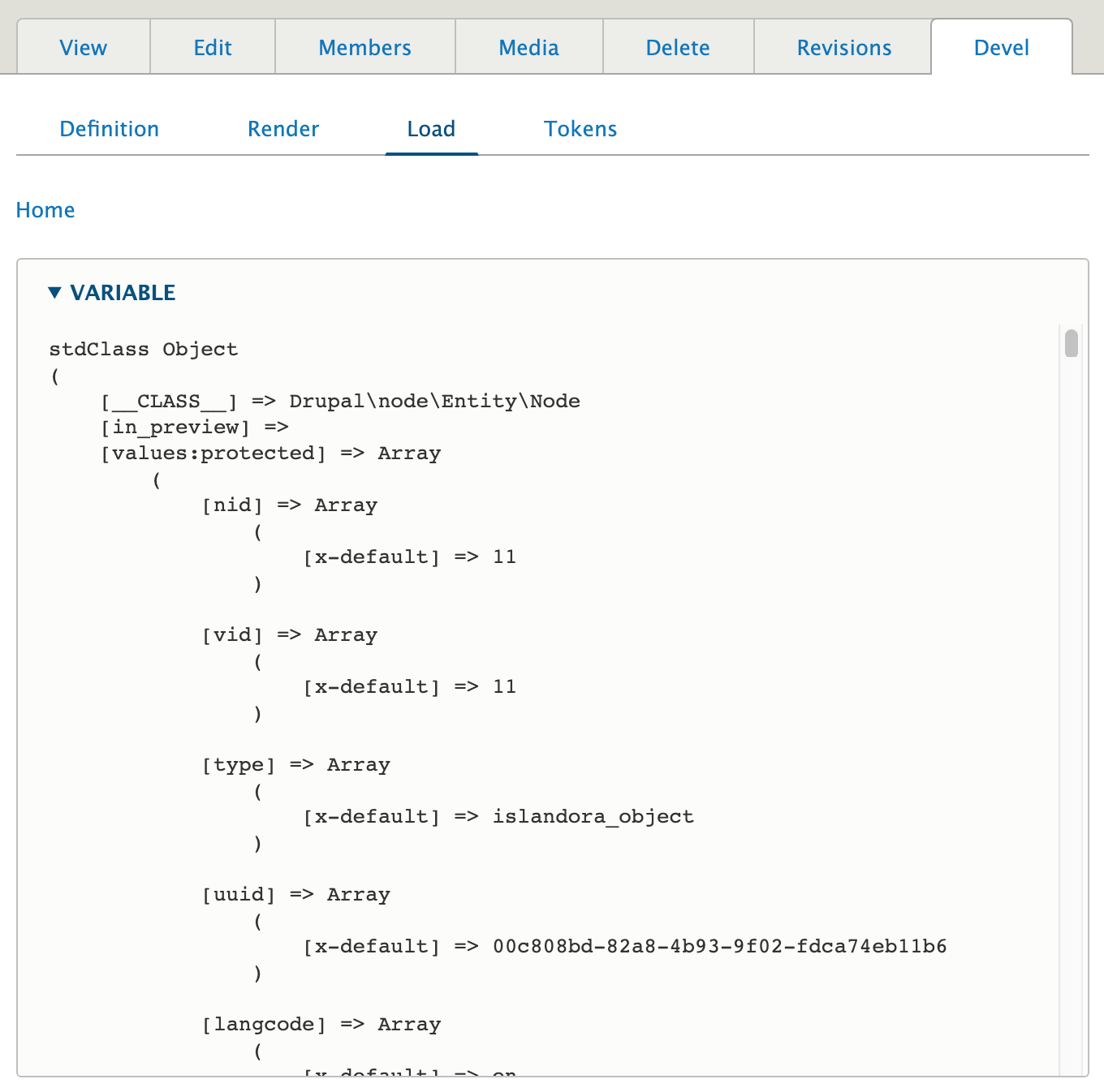 Screenshot of a Repository Item node's properties as seen on its 'Devel' tab.