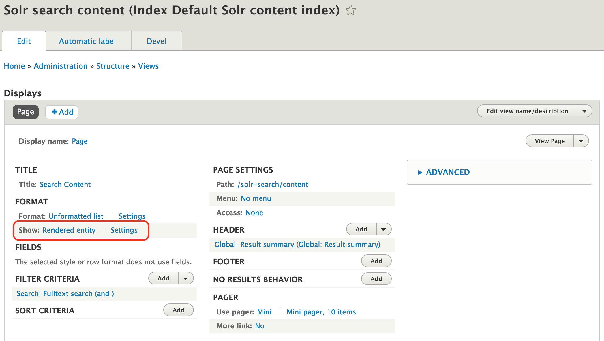 Screenshot of the default SOLR search view settings page with the format's type settings links highlighted. 