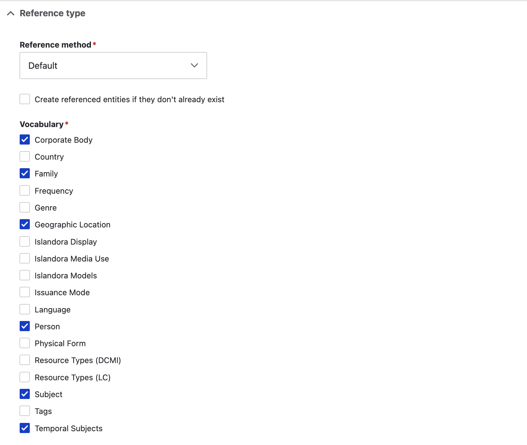 Screenshot of the reference type settings for an entity reference field, showing which vocabularies the autocomplete utility should query when editors are entering data.