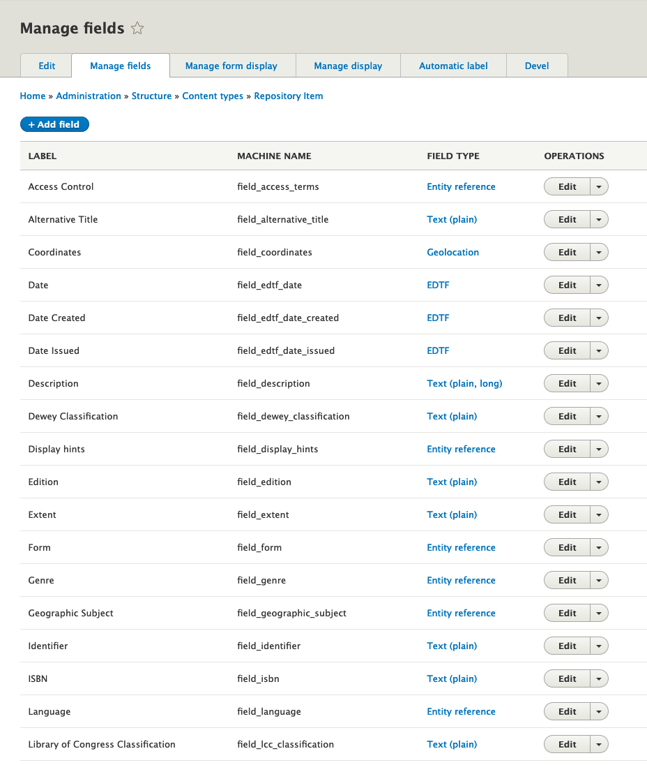 Screenshot of the "Manage fields" page for the "Repository Item" content type from Islandora Starter Site.
