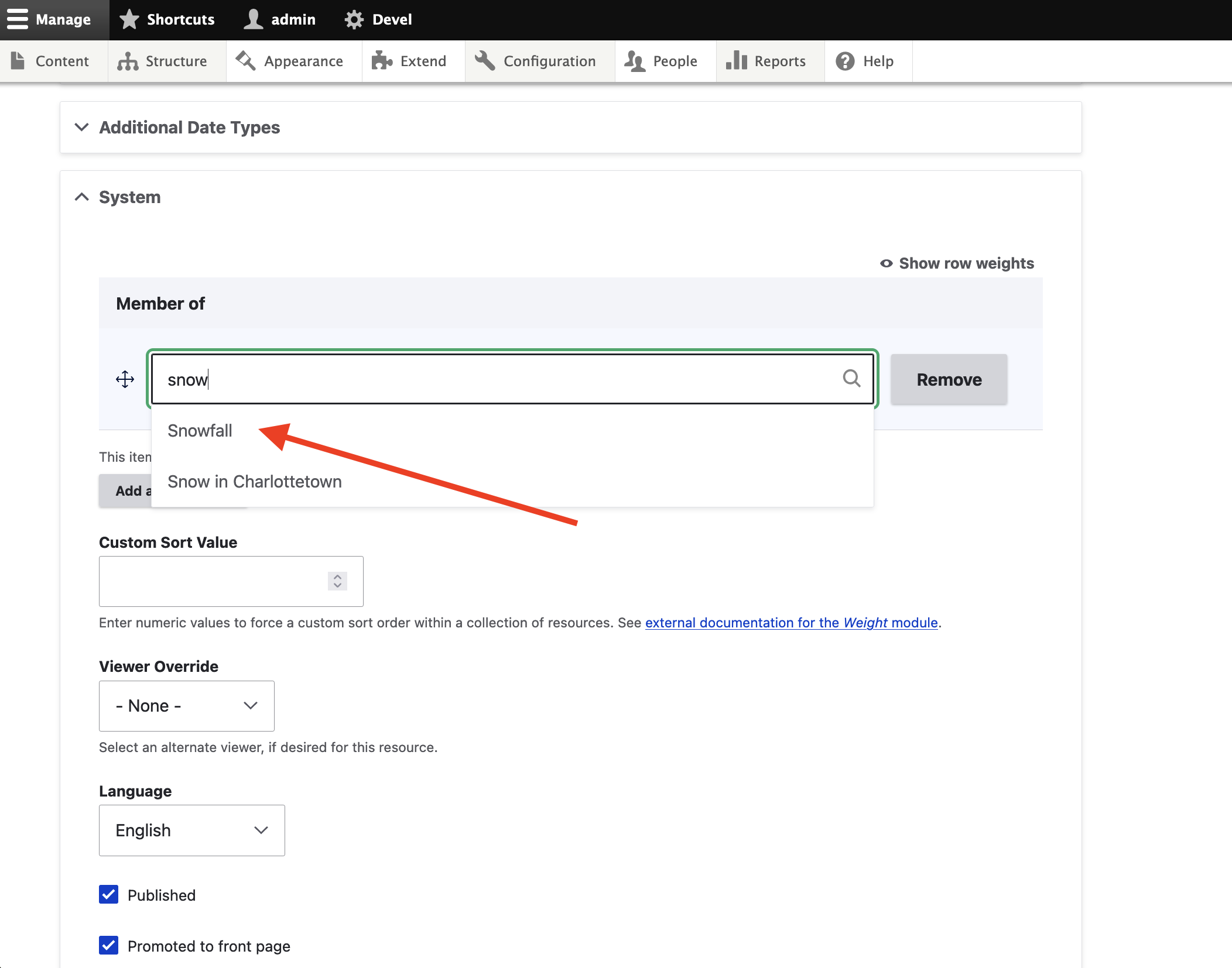 Selecting a collection from the Member Of autocomplete.