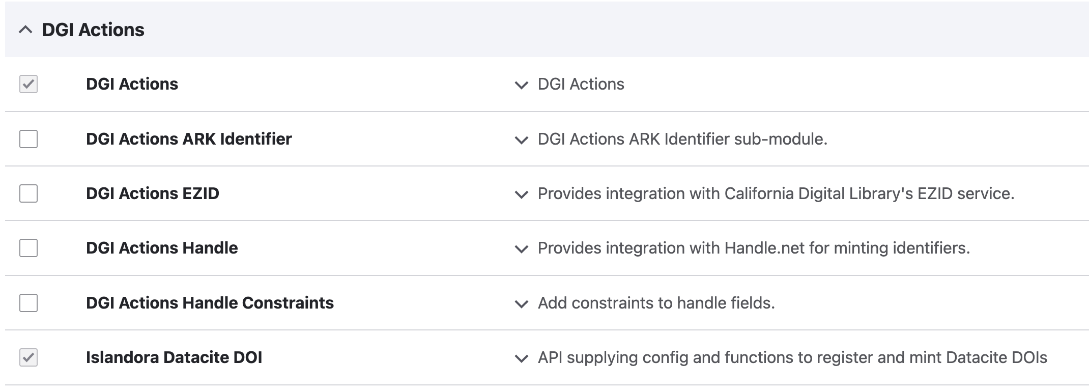 Screenshot showing the Drupal extend page with only the DGI Actions and Islandora DataCite DOI modules activated