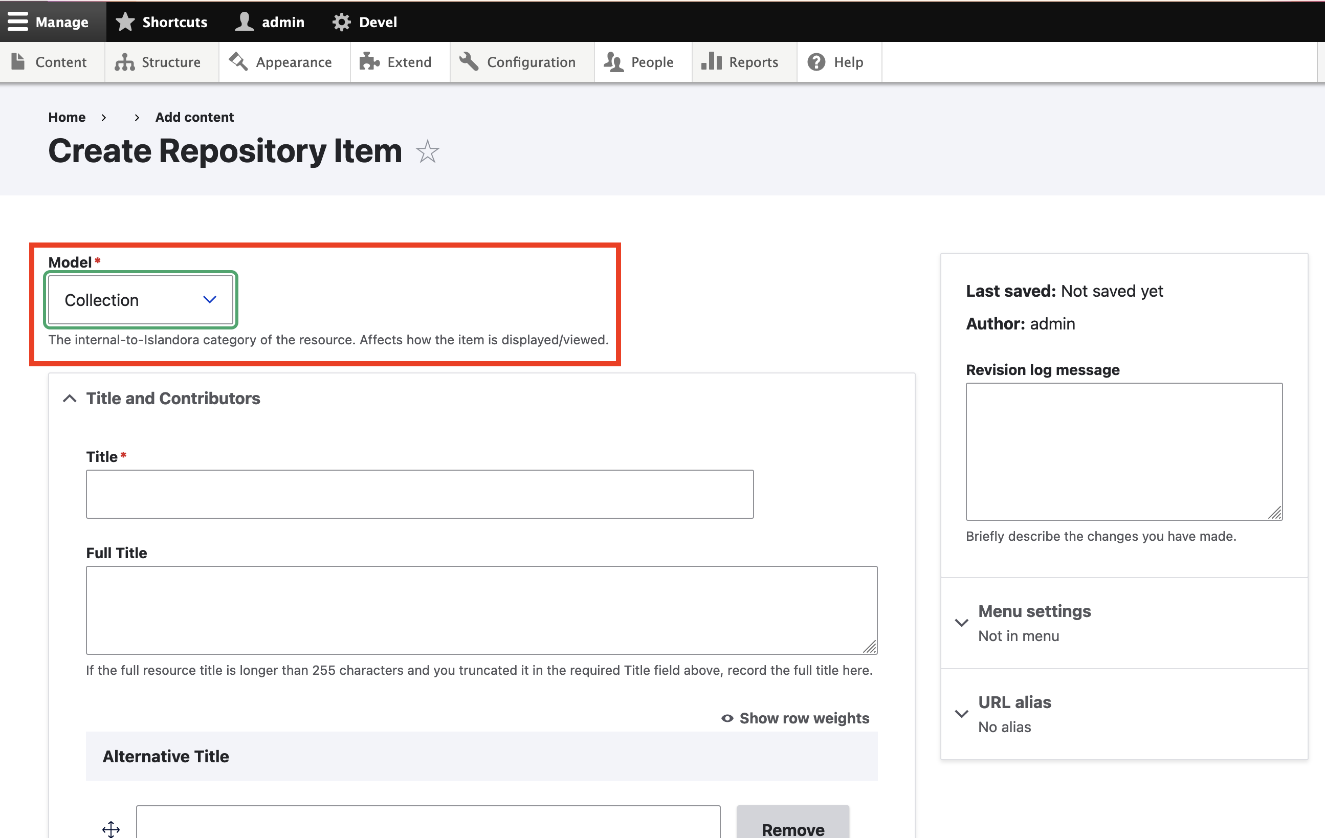 Near end of form, under System, select collection