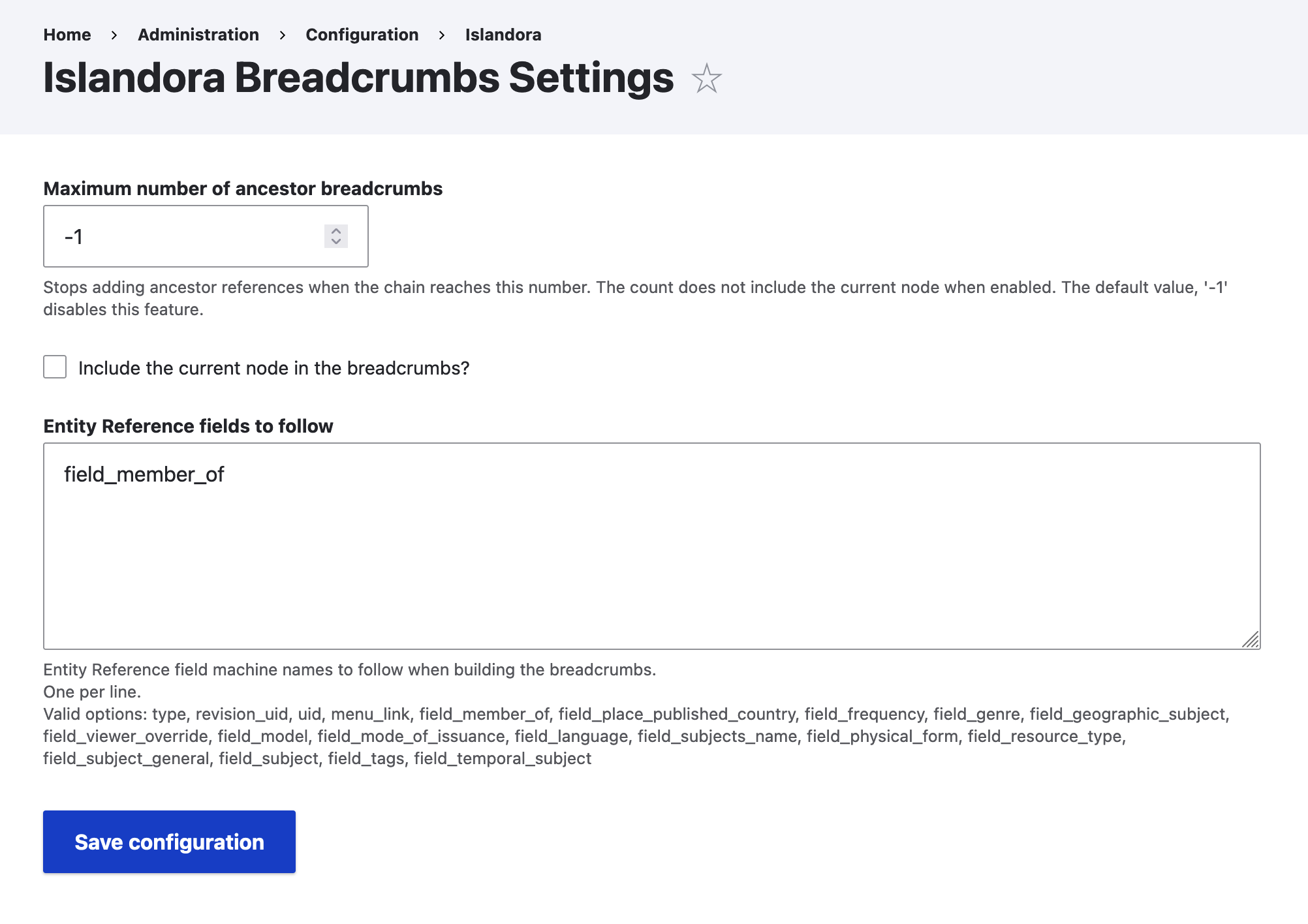 configuration screen