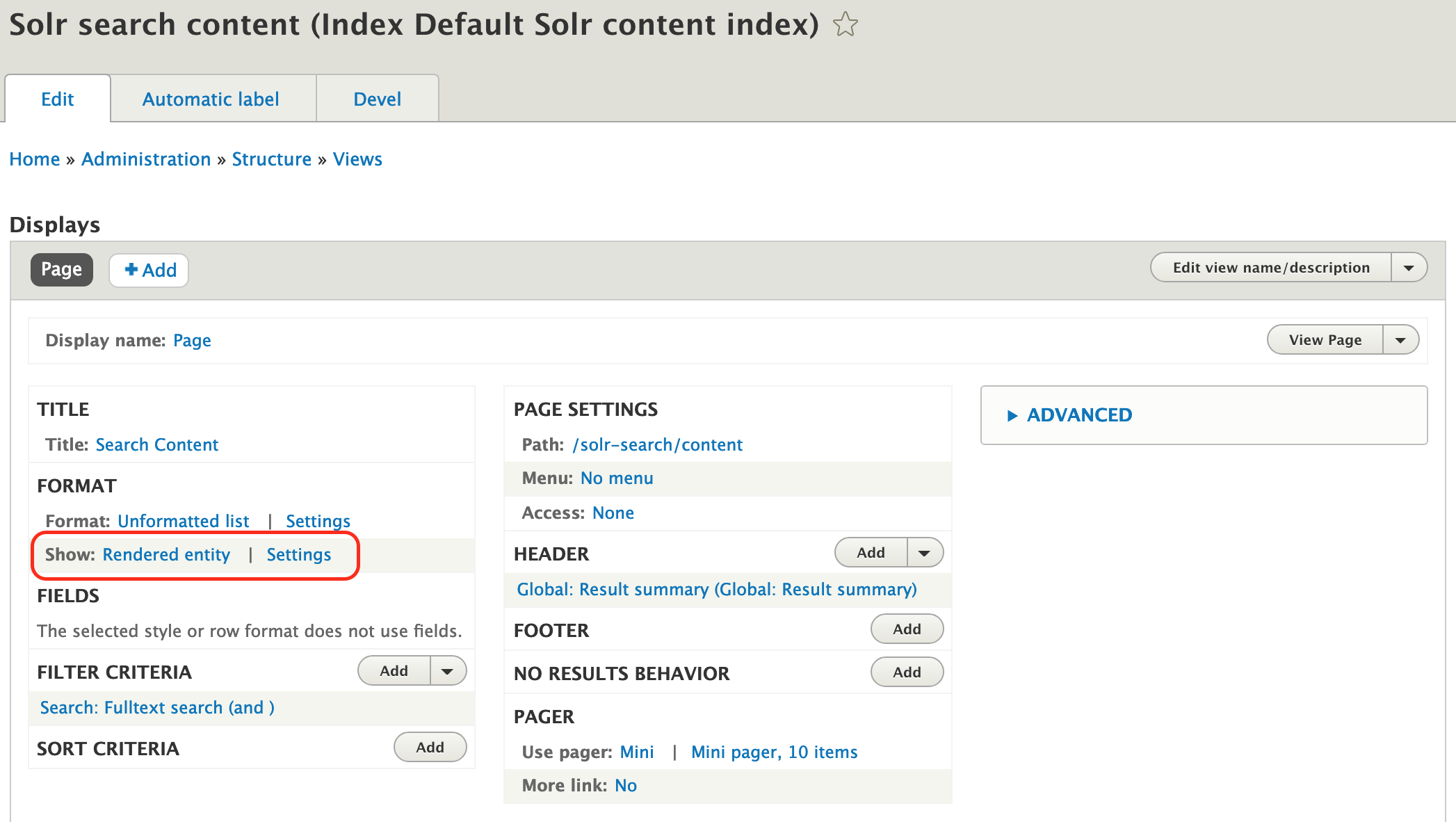 Screenshot of the default SOLR search view settings page with the format's type settings links highlighted.